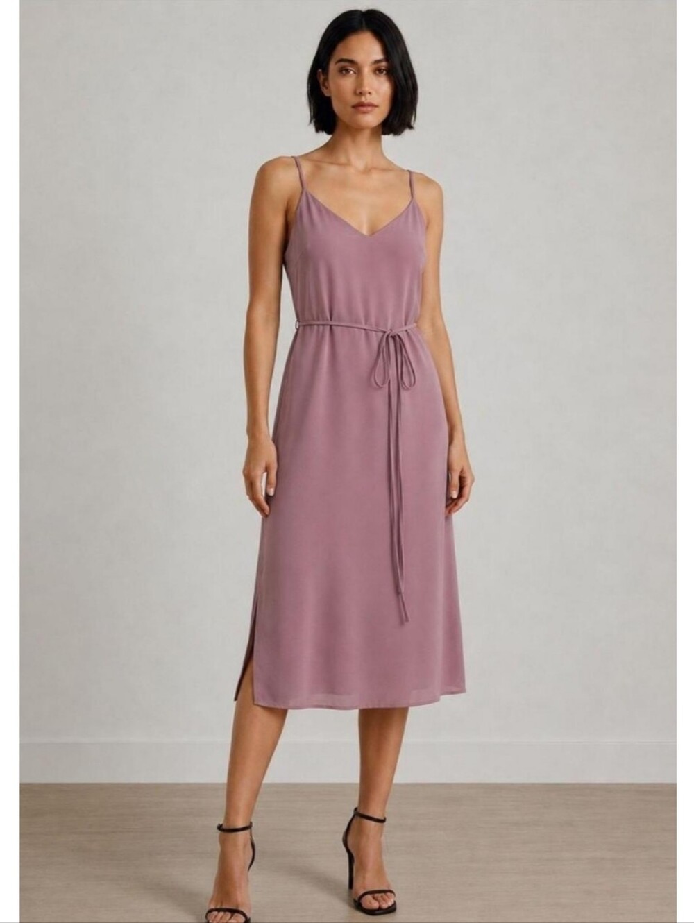 NWT Lulus Mauve Dusty Pink Chiffon V-Neck Tie Waist Midi Dress Side Slits Size S